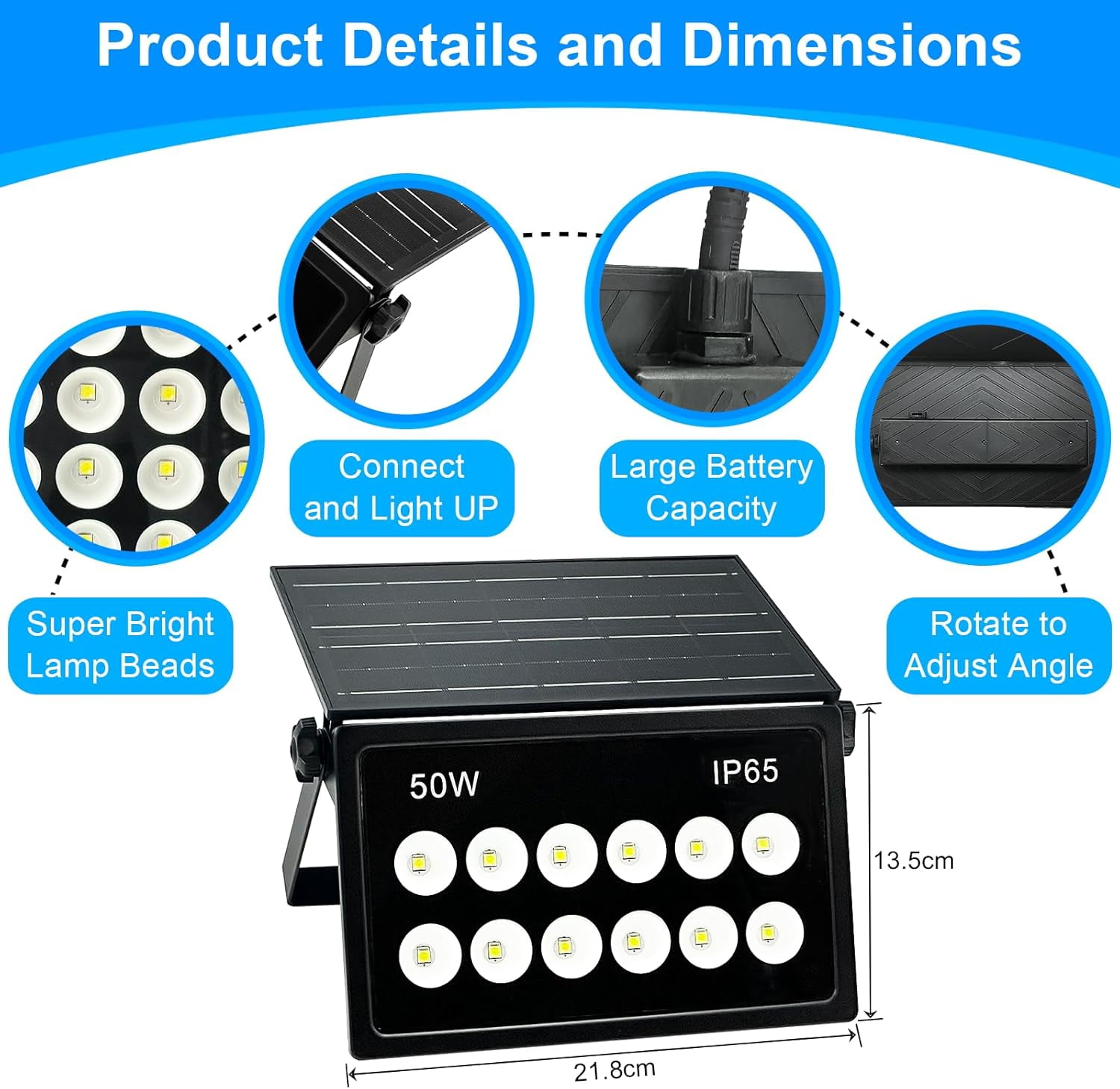 INDMIRD 50W Solar Security Lights, Solar Flood Lights, Solar Lights Outdoor Waterproof, Dusk to Dawn Solar Powered Security Lights, 6500K Cool White, for Porch, Patio, Yard, Garage, Garden
