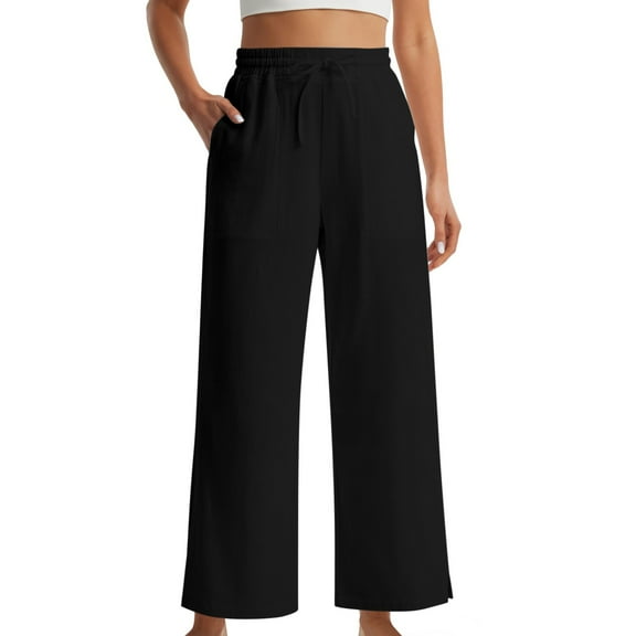 Women's Casual Pants Women Linen Pants Wide Leg Side Slit Ankle Pants High Waist Casual Palazzo Loose Beach Pant Cropped Trousers,Black Women's Casual Pants L