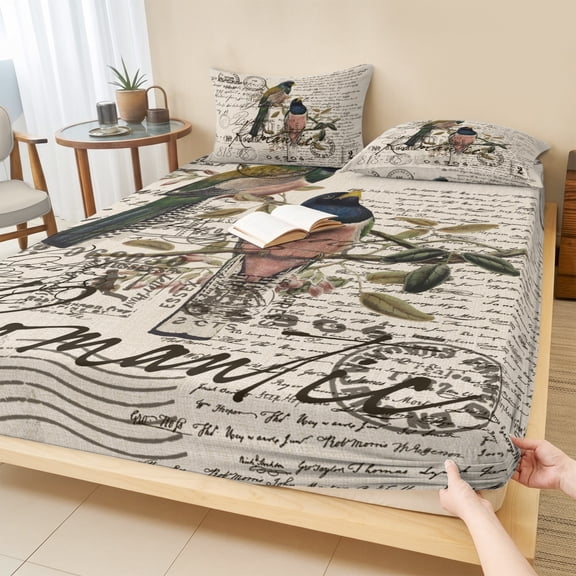 King Size Fitted Sheet Set - Vintage Birds 3 Piece Bedding Sets 16" Deep Pocket Fitted Sheet with 2 Pillowcases, Country Envelope Postmark Farmhouse Botancial Brushed Microfiber Hotel Bed Sheets