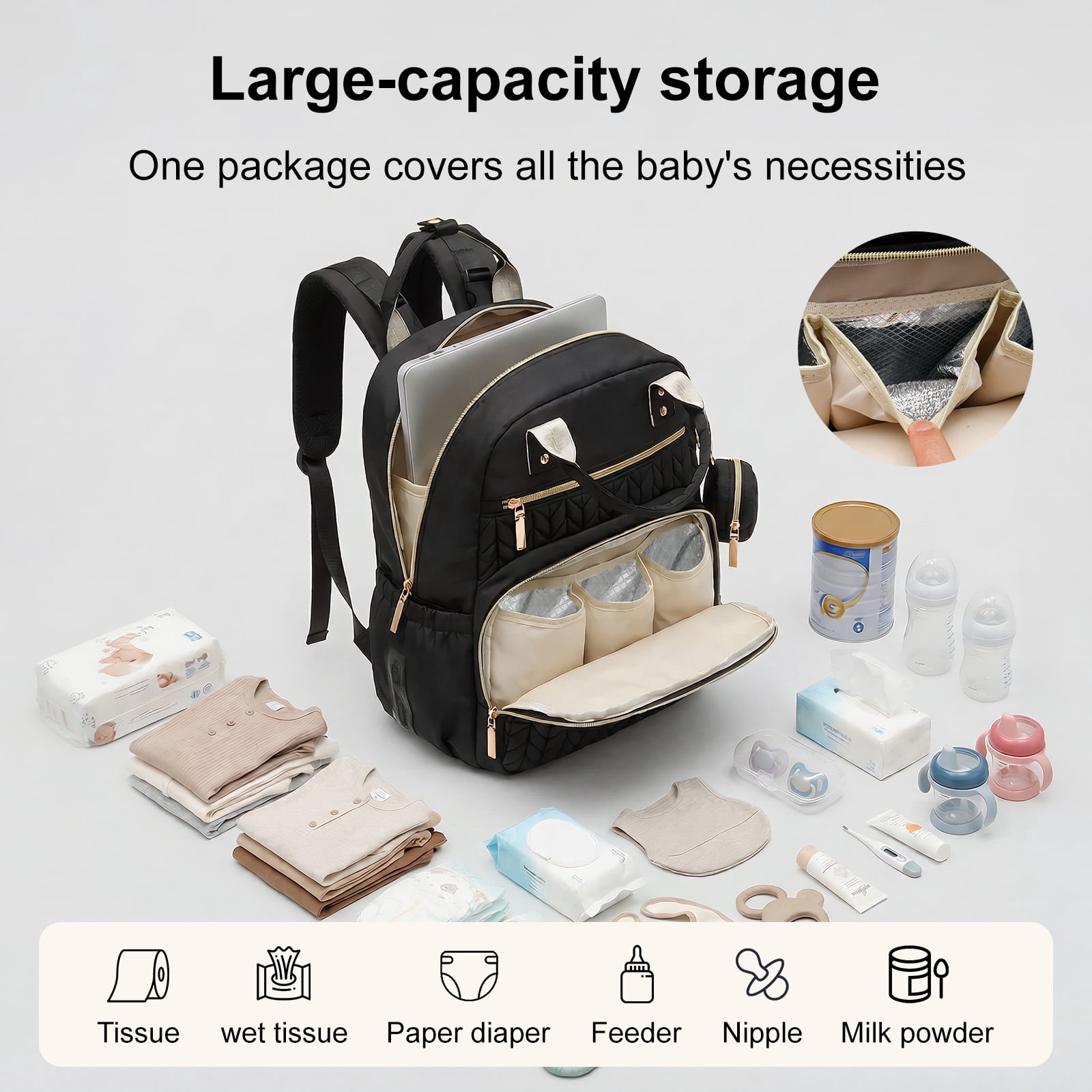 Threns Baby Diaper Bag Backpack, Baby Essentials Tote Bag with Changing Pad and Stroller Straps, Multi Function Travel Diaper Backpack for Moms and Dads, Black