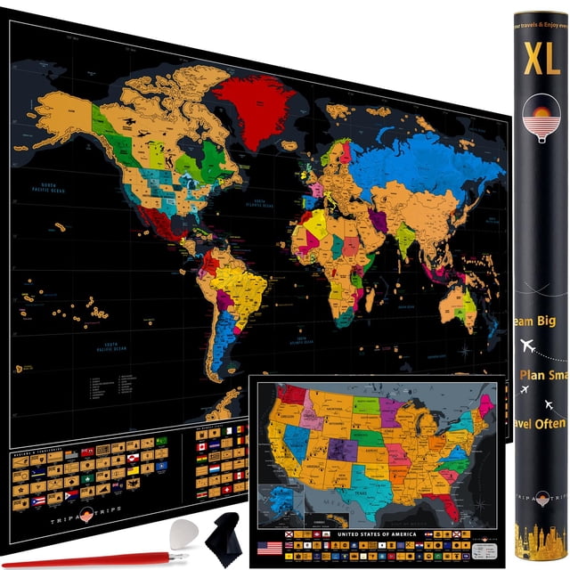 XL Scratch Off World Map with 233 Flags â?? 36 x 24 Scratch Off Map of The World + USA Scratch Map â?? Easy to Frame World Map + Tools â?? Detaile