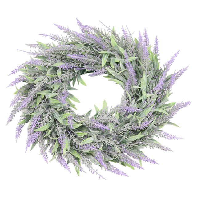 Coronas de lavanda artificial, corona de flores para puerta de entrada con hojas verdes, guirnalda para pared, decoración del hogar, interior y exterior, verde