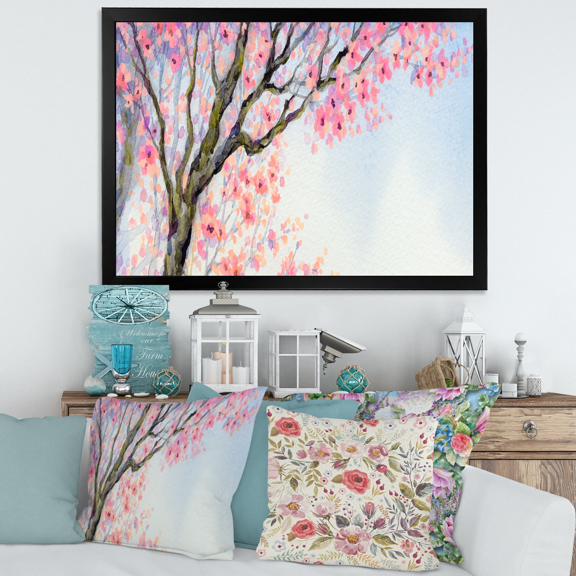 Beautiful Pink Bird Sitting On Flowering Branch 32 in x 16 in Framed Painting Canvas Art Print, by Designart