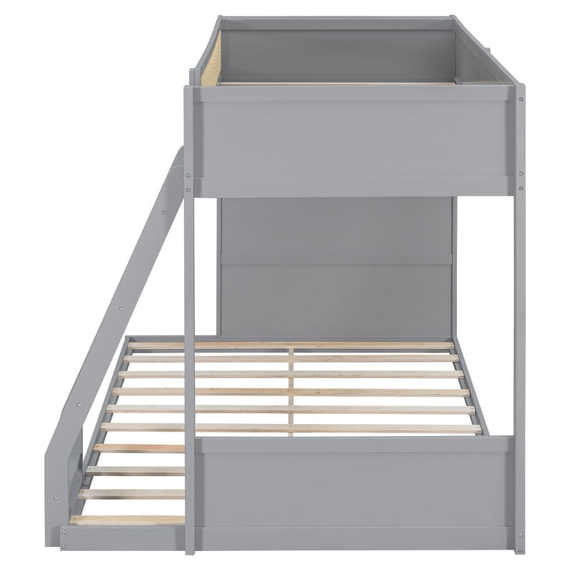 Twin-Over-Full Bunk Bed with Built-in Ladder & LED Strip, Storage Wooden Bed Frame with Bookshelf & Rattan Guardrail