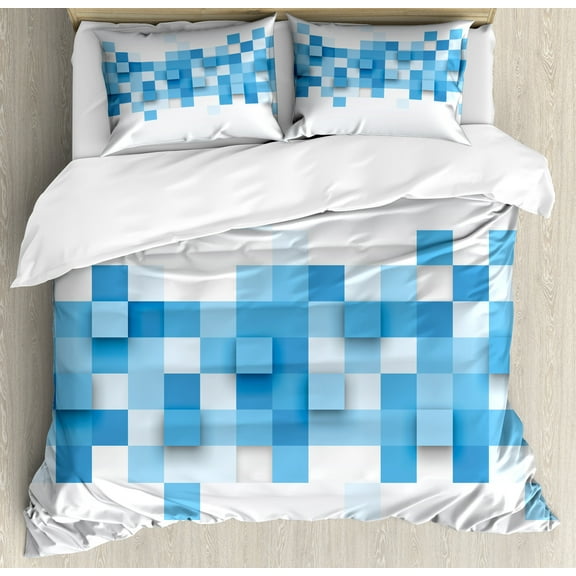 Abstract Duvet Cover Set, 3D Graphic Illustration Squares Pattern Modern Mosaic Geometric Design, Decorative 3 Piece Bedding Set with 2 Pillow Shams, King Size, Pale Blue Blue White, by Ambesonne