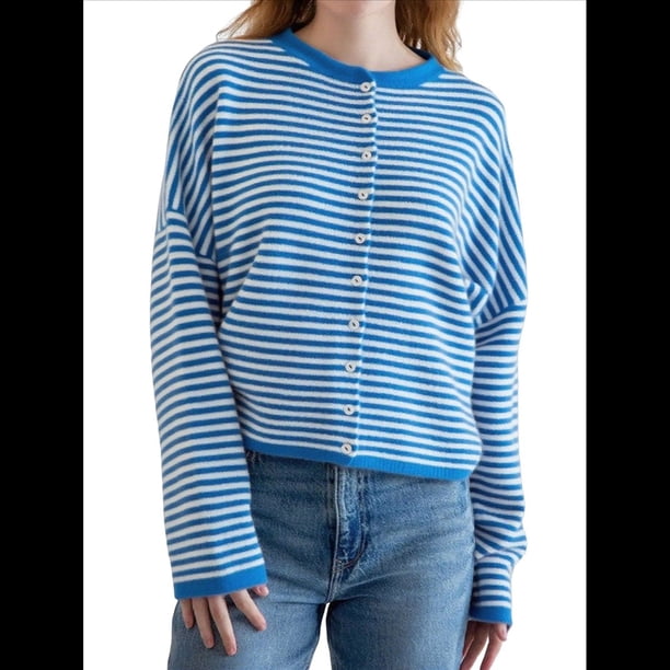 Suéter Tipo Cárdigan Informal de Cuello Redondo para Mujer, con Frente Abierto, Mangas Largas Onduladas, Tejido Corto Azul L