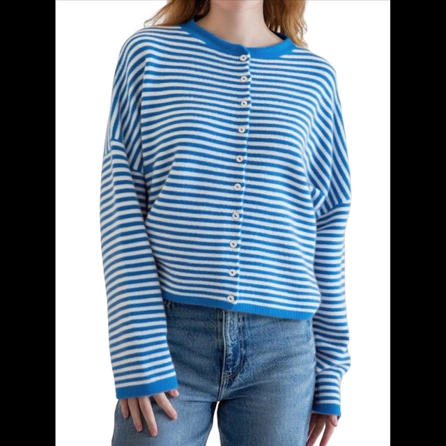 Suéter Tipo Cárdigan Informal de Cuello Redondo para Mujer, con Frente Abierto, Mangas Largas Onduladas, Tejido Corto Azul L