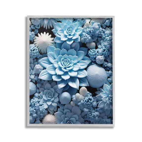 Stupell Industries Blue Patterned Succulents Botanical & Floral Painting Gray Framed Art Print Wall Art, 16 x 20