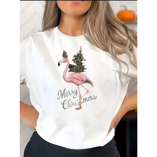 Creative Christmas Tree Flamingo Pattern Printed Women'S Trendy Round Neck Short Sleeve, Simple Casual Sports T-Shirt, Comfortable Summer Top for Holidays.