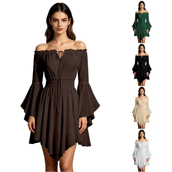 DHFJKG Womens Pirate Mini Dresses, Off The Shoulder Flare Sleeve Halloween Dress, Smocked Waist Gothic Dress
