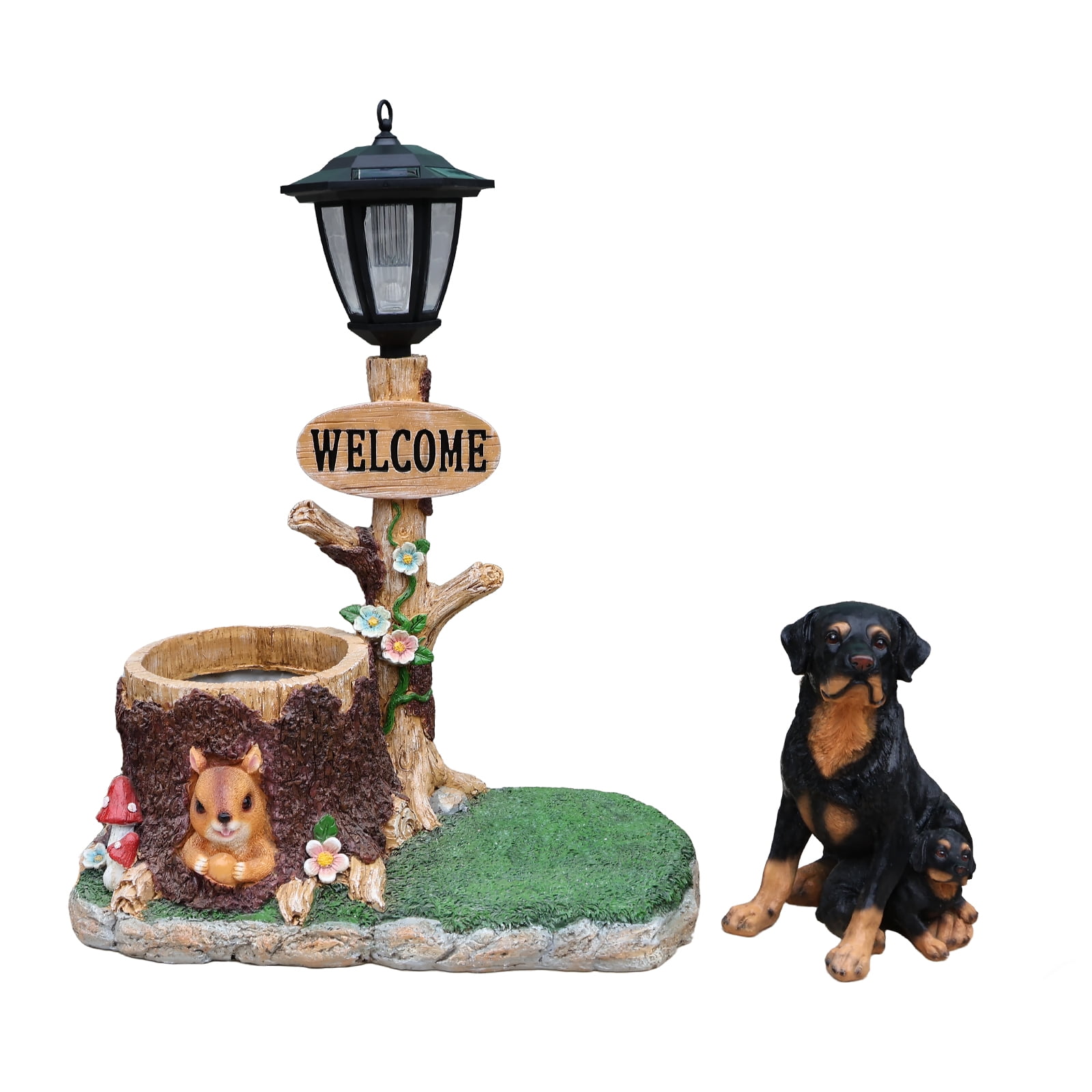 25.59" H Solar Rottweiler Planter with Welcome Sign & Lantern,Resin Dog Flower Pot,Shatterproof Fade Resistant Outdoor Garden Statue for Yard Patio Lawn Decor,Brown+Black