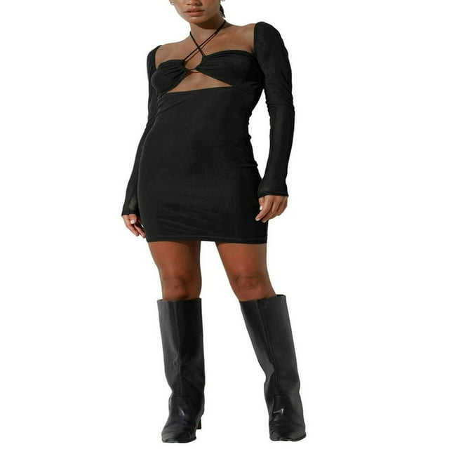 Robe Mini Sexy Dos Nu Moulante Coupe Basse Manches Longues Robe Cocktail Lacée Froncée Robe de Soirée Club