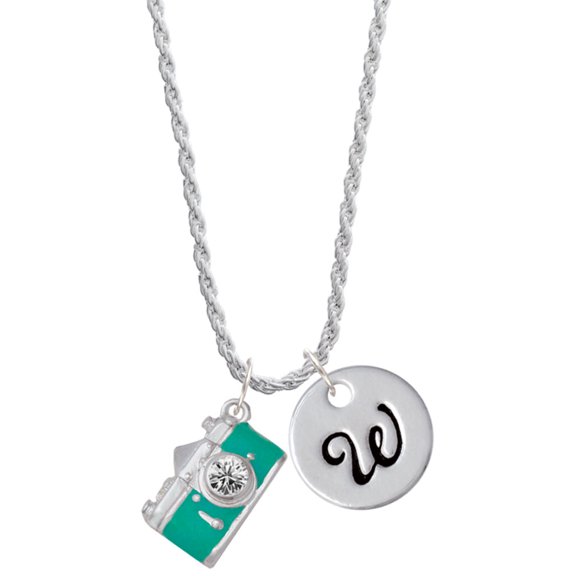 Delight Jewelry Silvertone Teal Camera Silvertone Script Initial Disc - W - Charm Necklace, 20"+3"