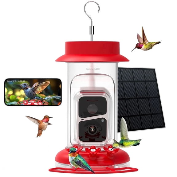 Soliom Smart Hummingbird Feeder Camera 2K Live & AI, Leak-Proof, Ant & Bee-Proof, Solar Powered, Outdoor Pole/Hook Hanging, 16oz, Red – Ideal Family Gift