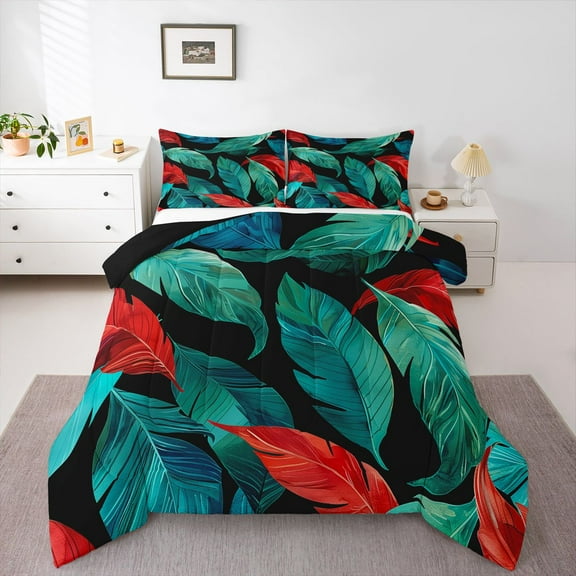 Homewish Monstera Leaf Bedding Comforter Set,Tropical Botanical Twin Comforter Sets,Green Red Black Bedding Set For Girl,Luxury Bedroom Decor Reversible,2-Piece