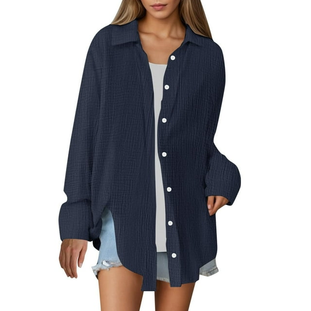 Dvprdro Hauts de Printemps pour Femmes Liquidation Tunique à Col à Revers Manches Longues Tendance Chemises Fluides Décontractées Été Imitation Coton Lin Hauts