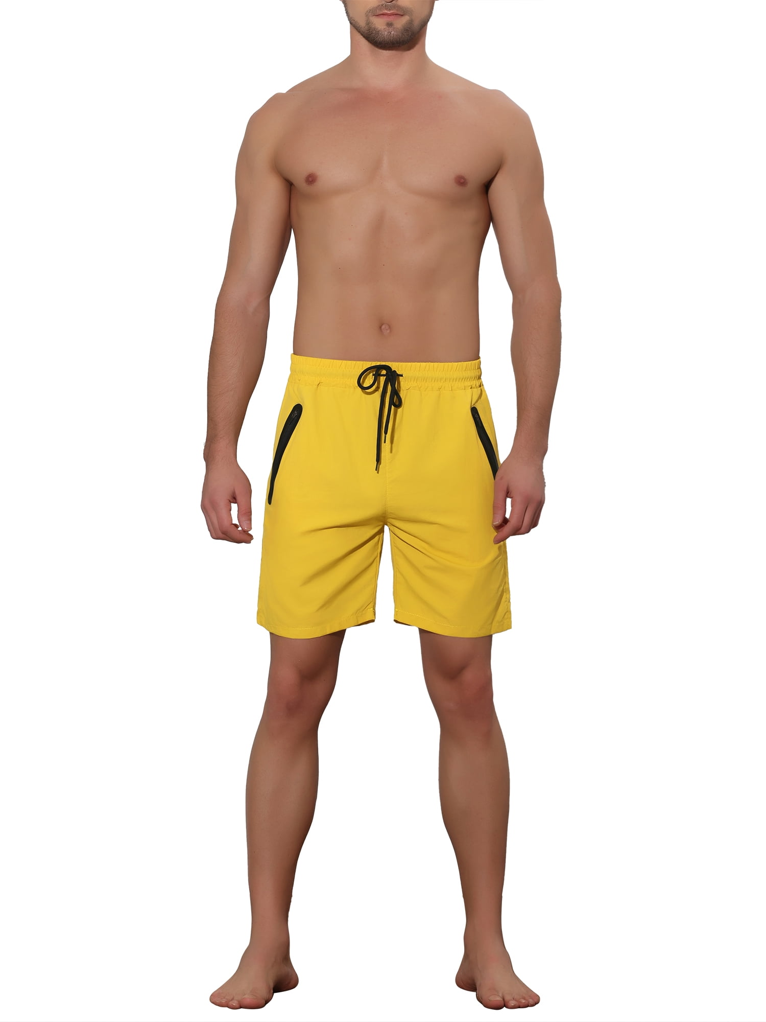 Unique Bargains Men's Solid Color Elastic Waistband Lightweight Swimwear Shorts 34 Yellow