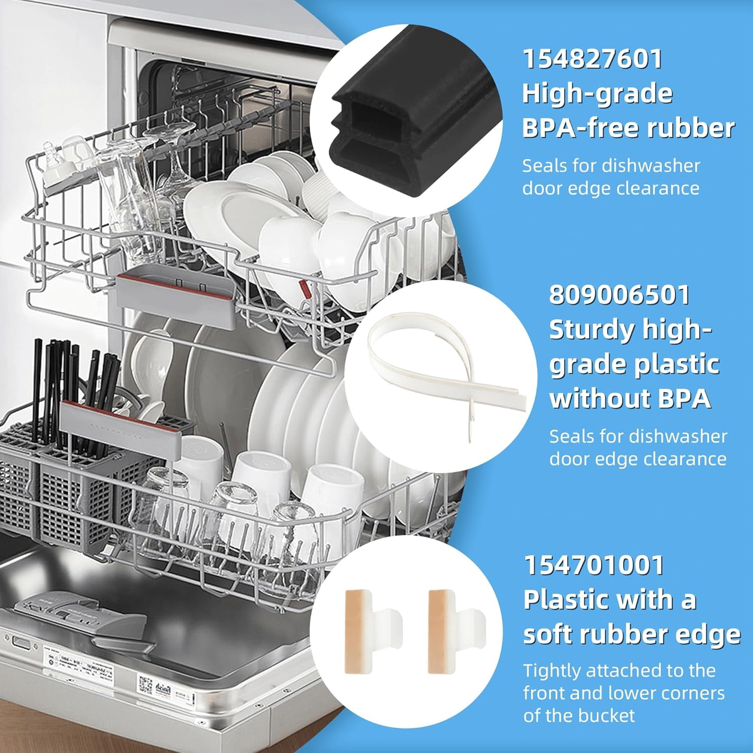154827601 for Frigidaire Dishwasher Door Seal Gallery Parts Kenmore Electrolux Dishwasher, Seal Replacement Including 809006501 Bottom Door Gasket&154701001 Splash Shield Kit by