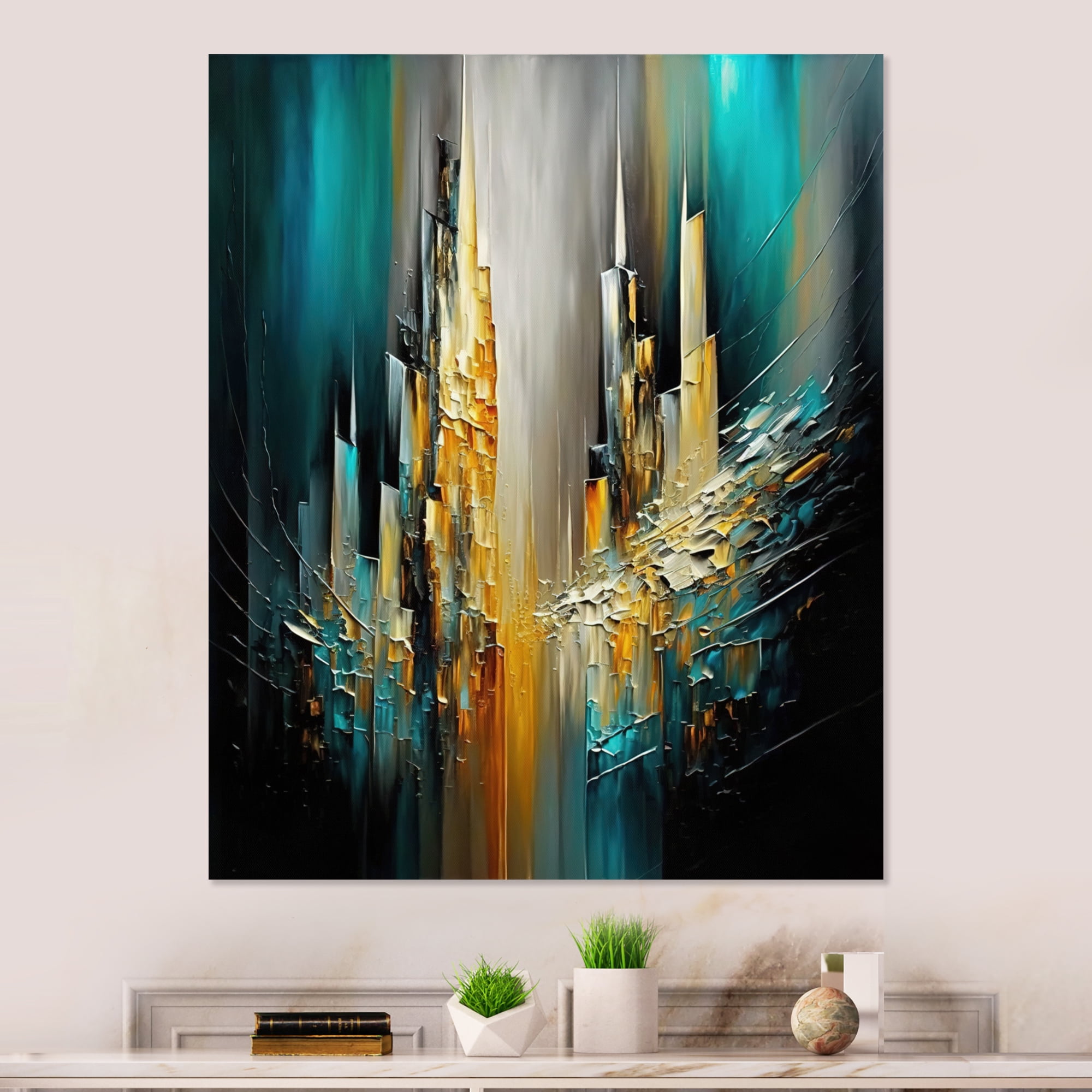 Designart Abstract Geometric Green And Yellow Canvas Wall Art