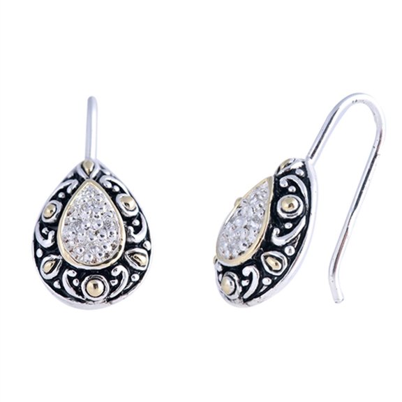 Sparkly Bali Style Oxidized Teardrop Bohemian Clear CZ .925 Sterling Silver Earrings Female