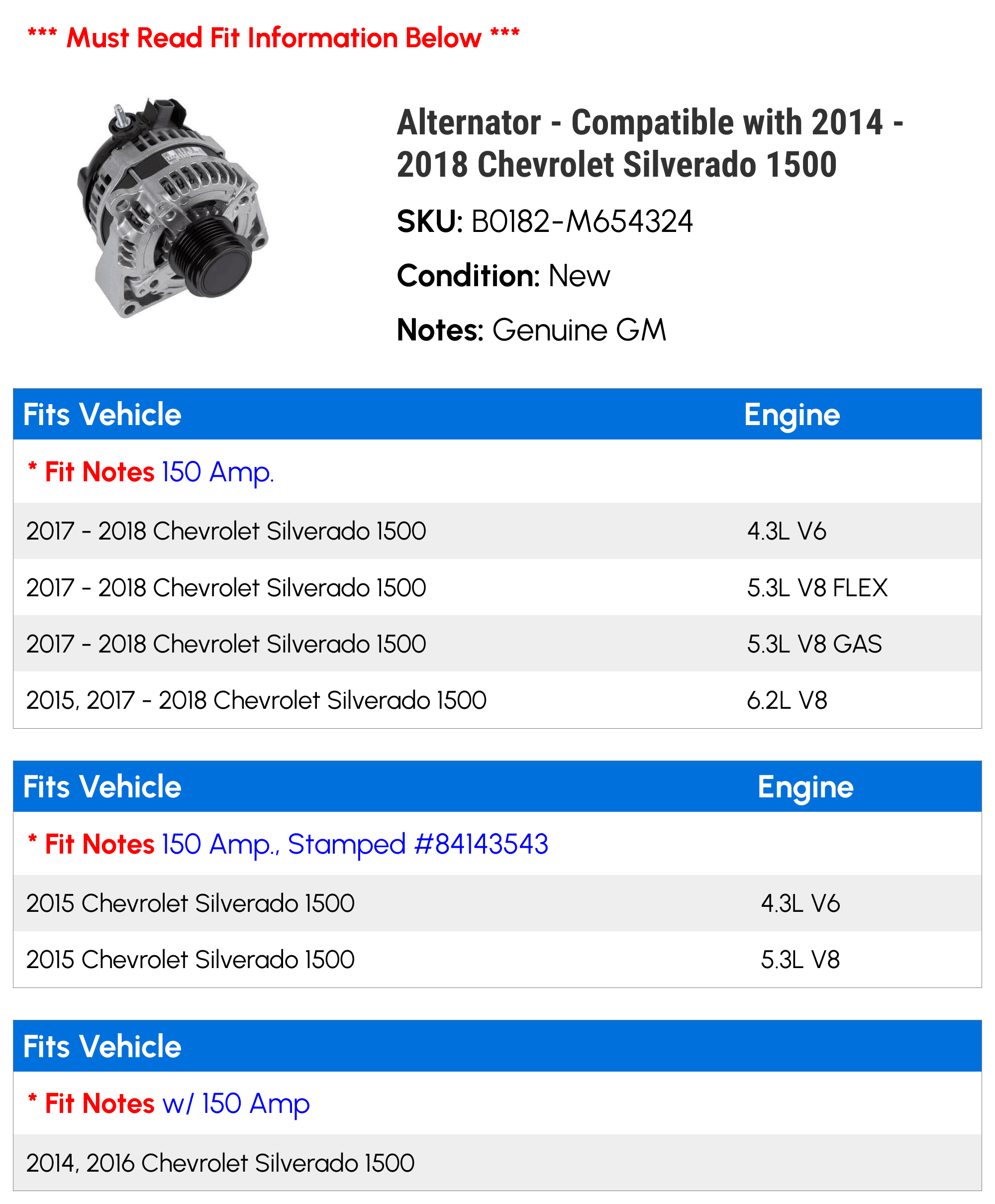 Alternator - Compatible with 2014 - 2018 Chevy Silverado 1500 2015 2016 2017