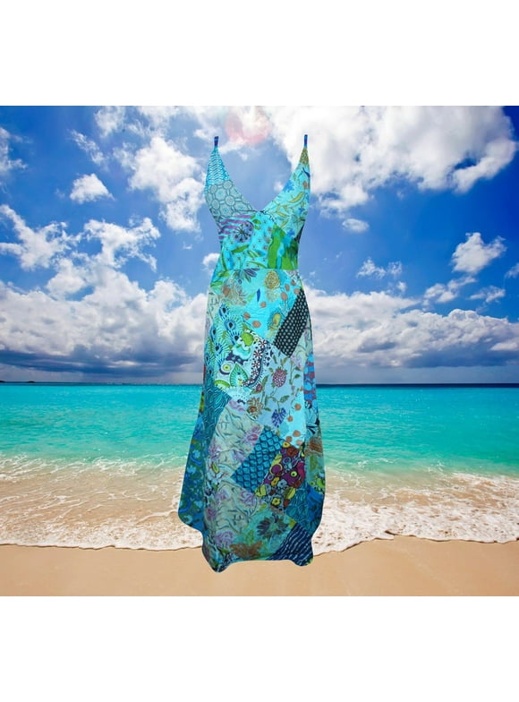 Mogul Womens Patchwork Strap Maxi Dress, Stunning Handmade Beautiful Blue Patchwork Prints Long Dresses S/M
