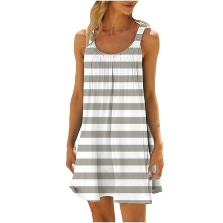 

YanHoo Women s Sleevless Summer Tank Dress Stripes Printed Beach Sundress Casual Swing Short Dress for Legging