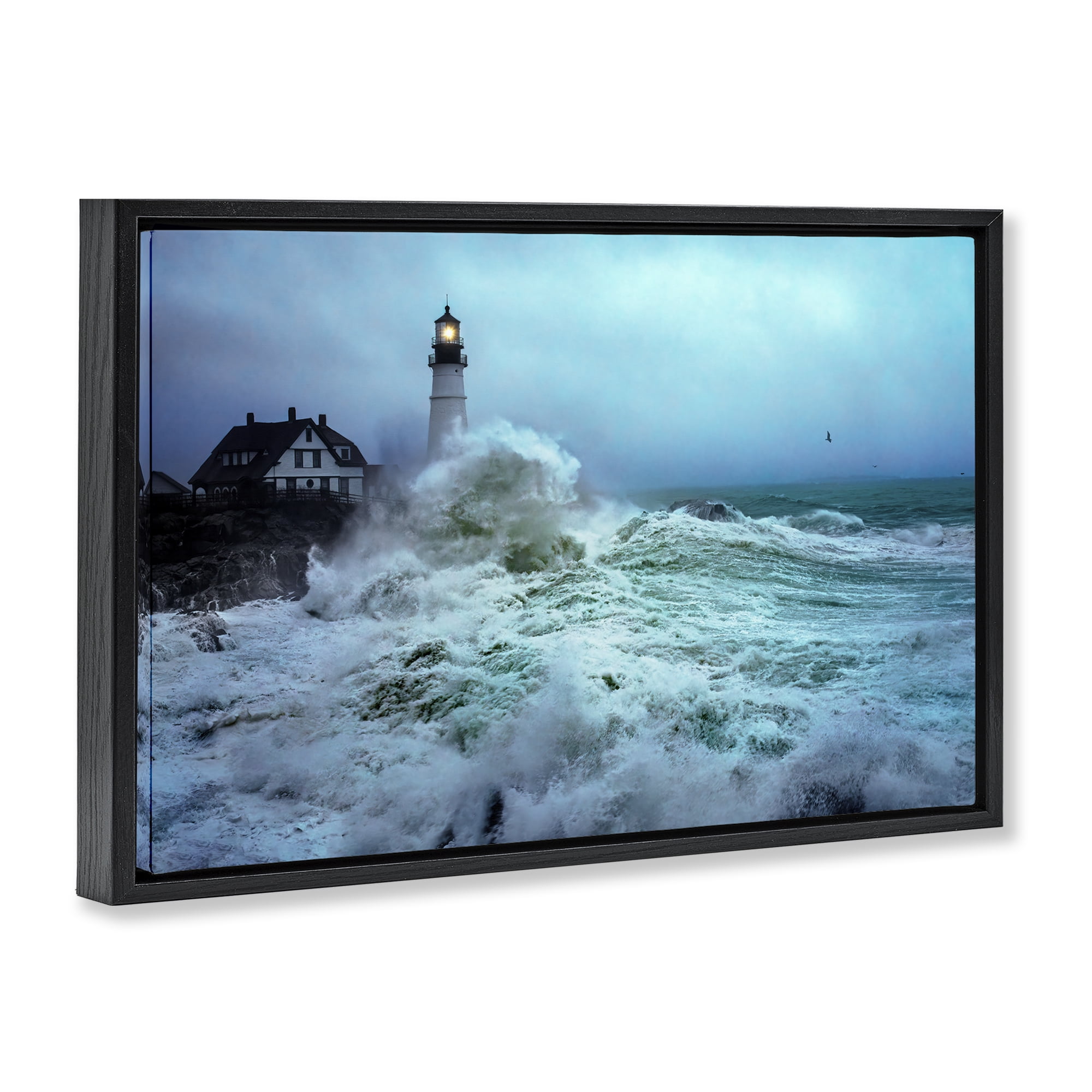 Stupell Industries Tall Splashing Waves Lighthouse Nautical & Beach Photography Black Floater Framed Canvas Art Print Wall Art, 31 x 21