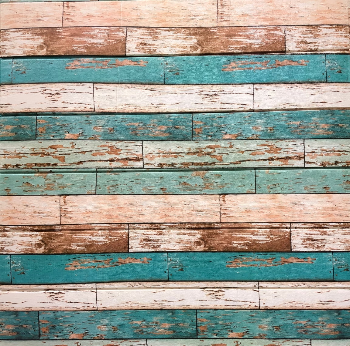 Sepia Tan, Teal Faux Distressed Planks, 2.3ft X 2.3ft, 3D Wall Panel