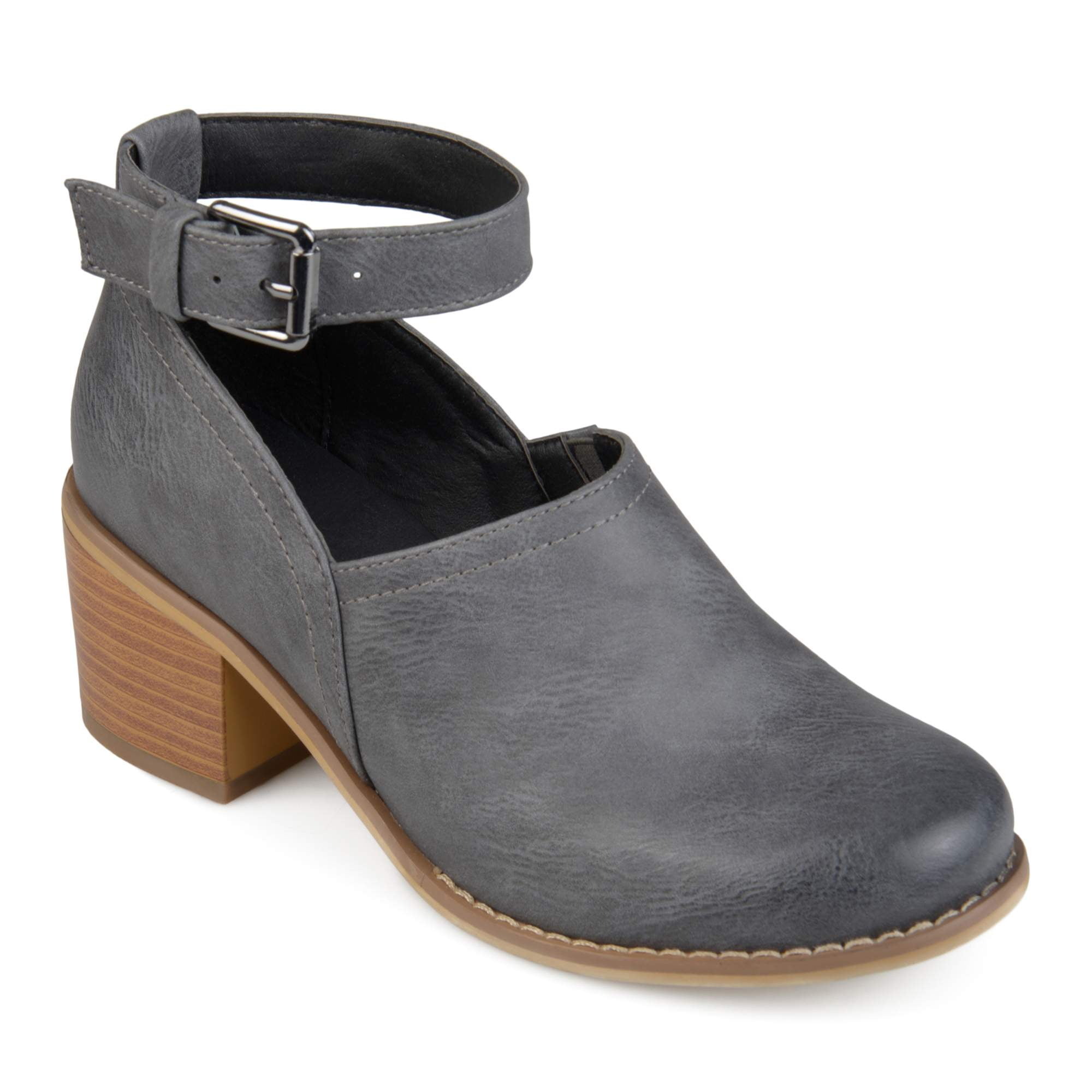 Womens Faux Leather Wood Stacked Heel Ankle Strap Clogs