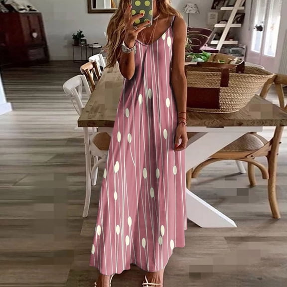 Blmnix Striped Valentine Dresses for Women 2026 Slip Dress Plus Size Dresses Maxi Sleeveless Pink V-Neck Party Dress,M