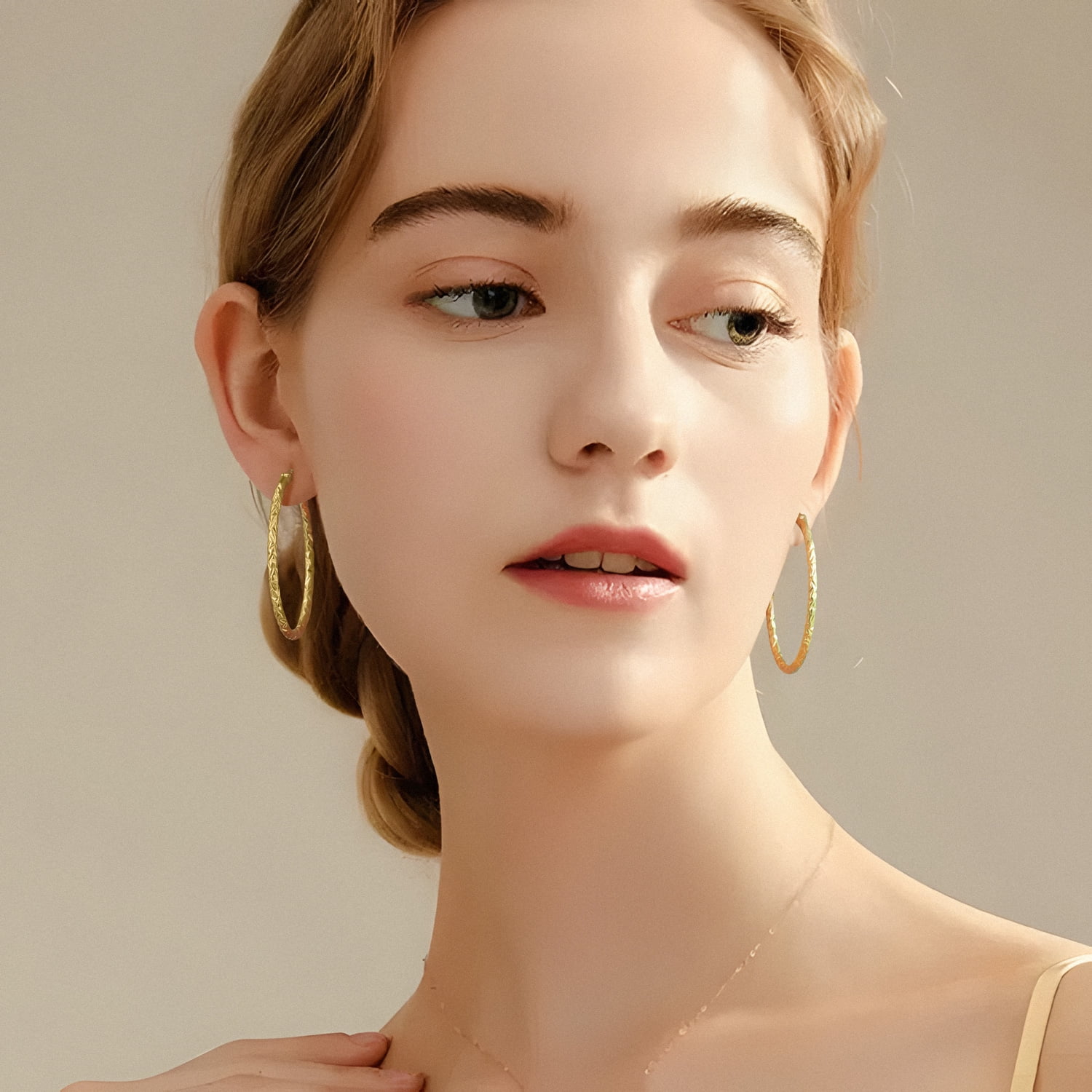 14K Gold Hoop Earrings for Women Textured 40mm Large Gold Hoops with Engraved Braided Pattern, Lightweight Everyday Statement Gold Plated Jewelry