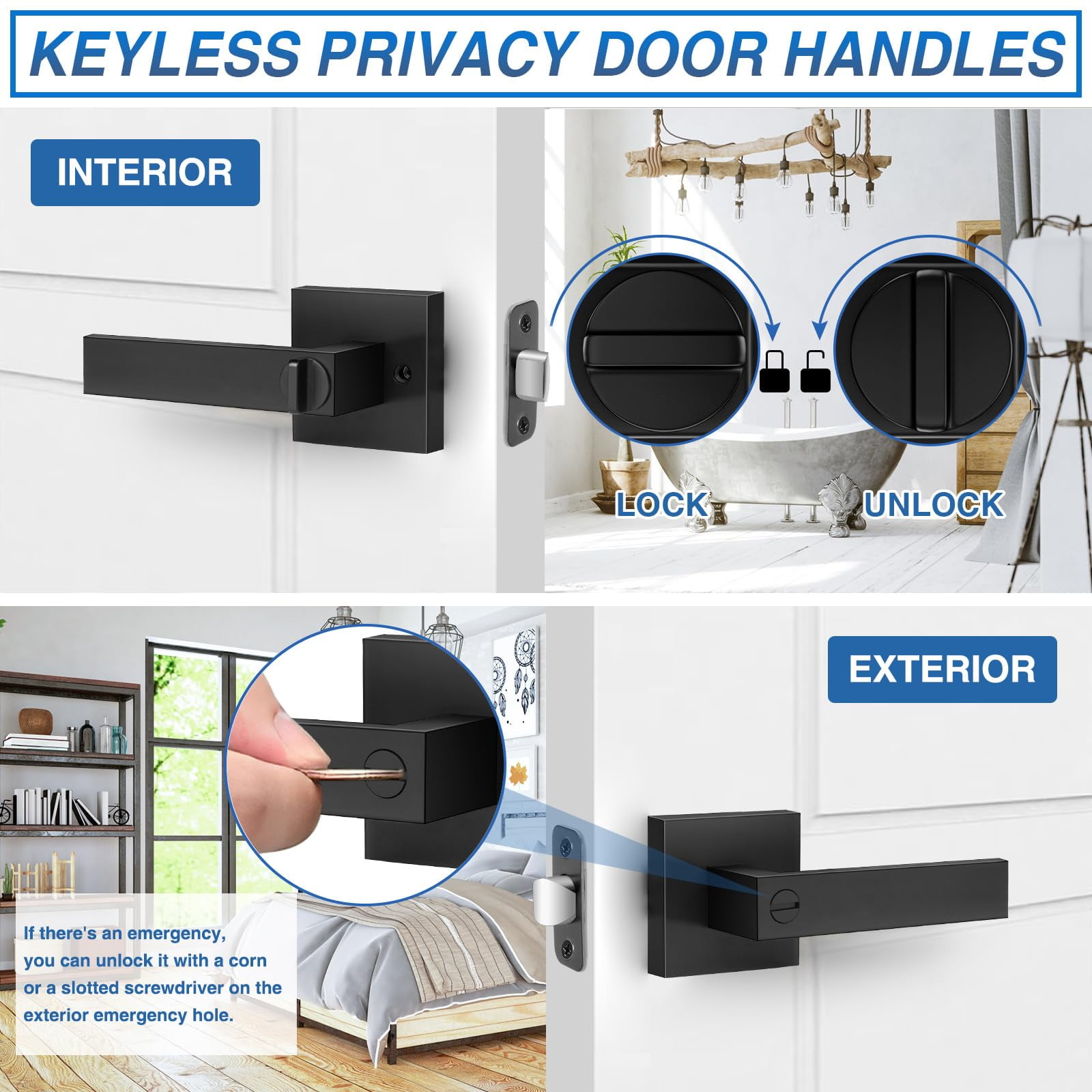 2 Pack Matte Black Door Handles, Aertyole Keyless Interior Door Knobs, Privacy Door Lever Locksets for Bedroom Bathroom, Heavy Duty Square Door Lock (2.0lb), Reversible for Left & Right Handled Doors