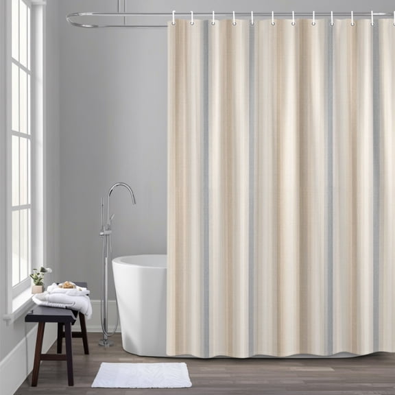 Creamy Beige Stripes 60x72 Inches Waterproof Shower Curtain, Gray Taupe Ombre Lines Striped Rustic Bath Curtain Set with 12 Hooks Washable Shower Curtains for Bathroom Bathtub Decor