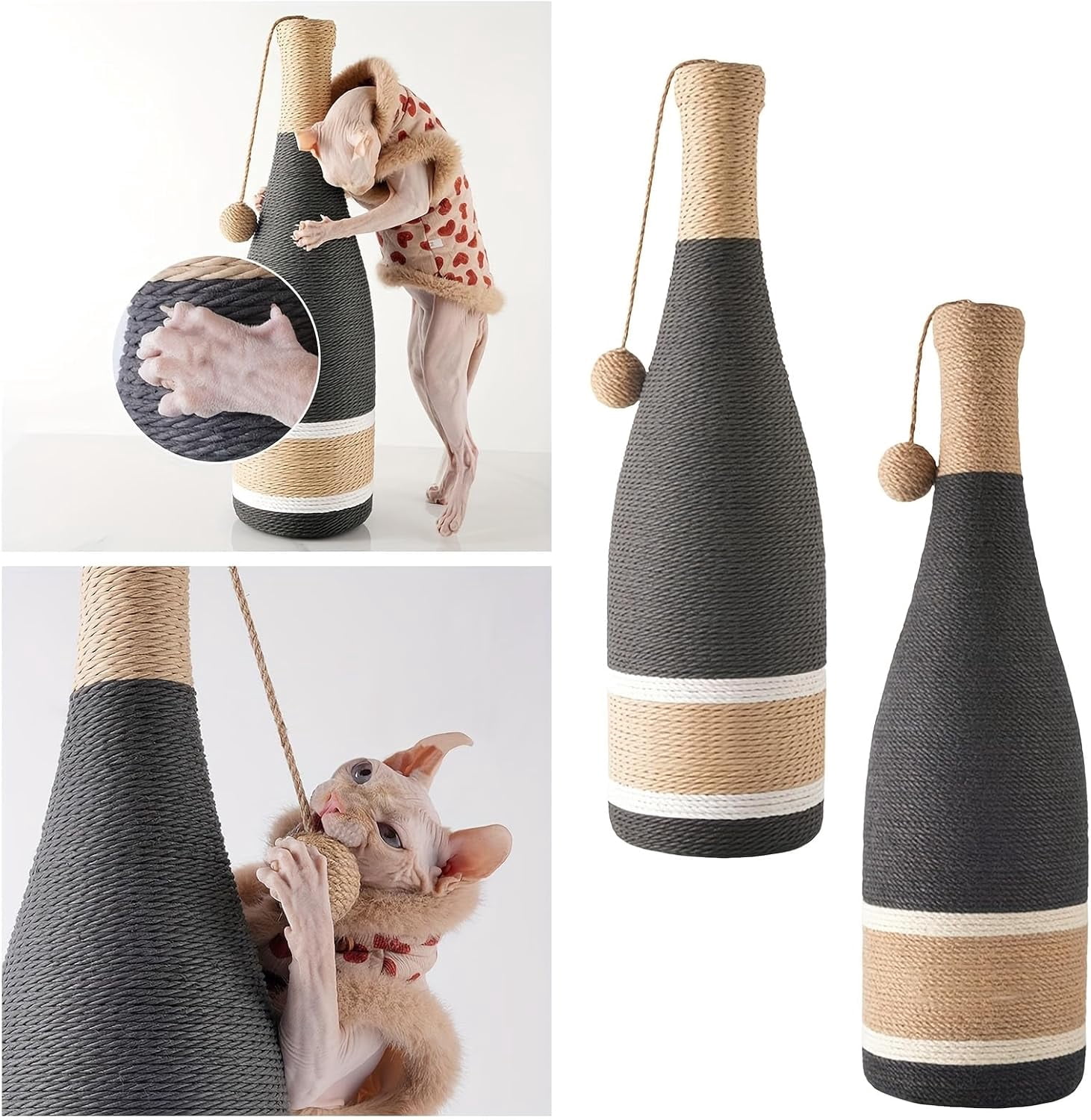 Colourtree Cat Scratching Post, Premium Cat Scratching Board, Sisal Fiber Cat Scratcher with Hanging Ball, Red Wine Bottle Simple Design-Suitable Indoor Small and Medium Cats (23.6 in, Suction Cup)