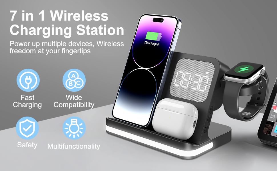 6 in 1 Wireless Charging Station Compatible with Apple Multiple Devices iPhone, AirPods, and Apple Watch - Phone Wireless Charger Fast Charging with Night Lamp and Clock, Black