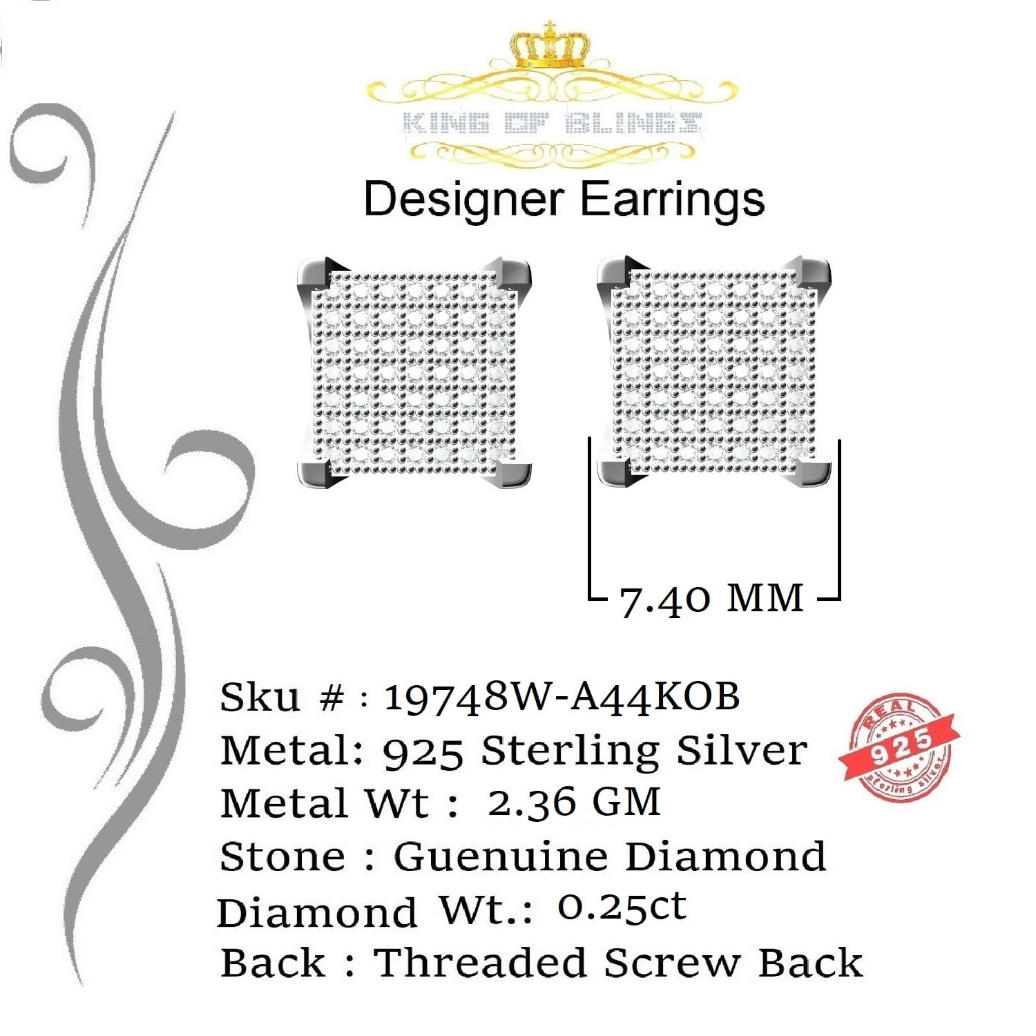 King of Bling's 925 White Silver 0.25ct Square Real Genuine Diamond Stud Men's Fashion Earrings