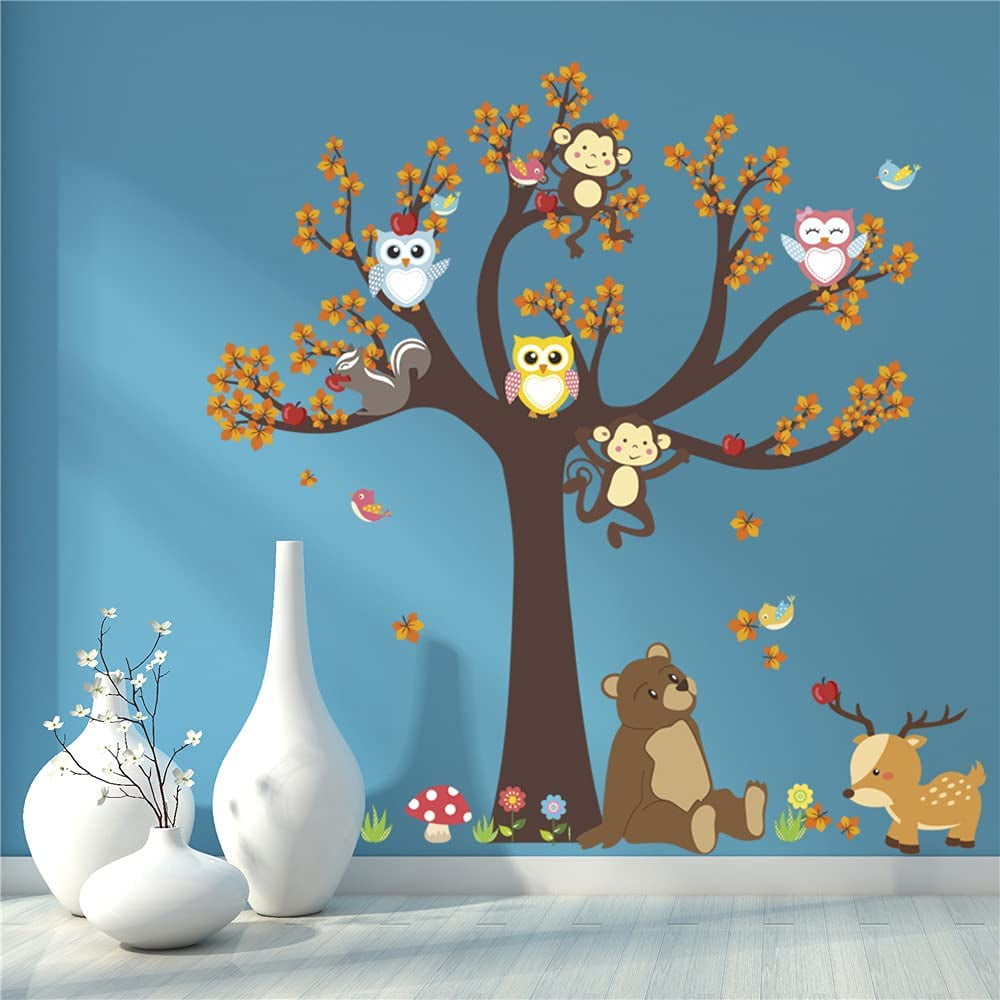Merek Jungle Animal Wall Stickers Monkey Tree Wall Decals Cartoon Owls
