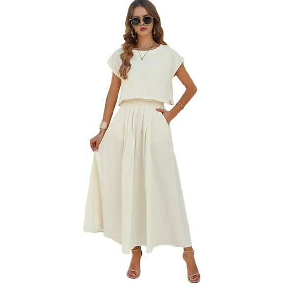 Summer Skirt Set for Women 2 Piece Outfit Cap Sleeve Top Elastic Waist Maxi Dress Set with Pockets Creamy White L