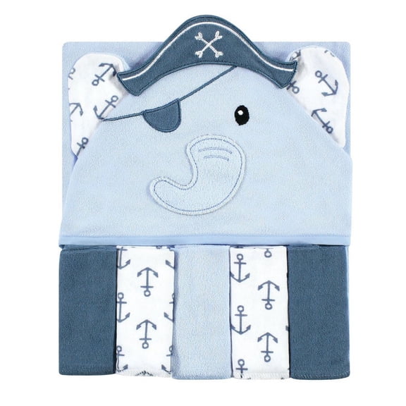 Hudson Baby Infant Boy Hooded Towel and Five Washcloths, Pirate Elephant, One Size