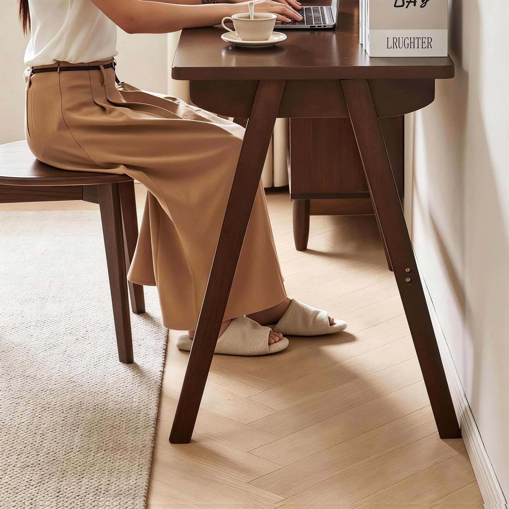 100% Solid Rubber Wood Computer Desk, Retro Walnut Writing Desk with Drawer, Sturdy A-Frame Leg, 39.37"x21.65", 0.71" Standard Thick Home Office Study Table