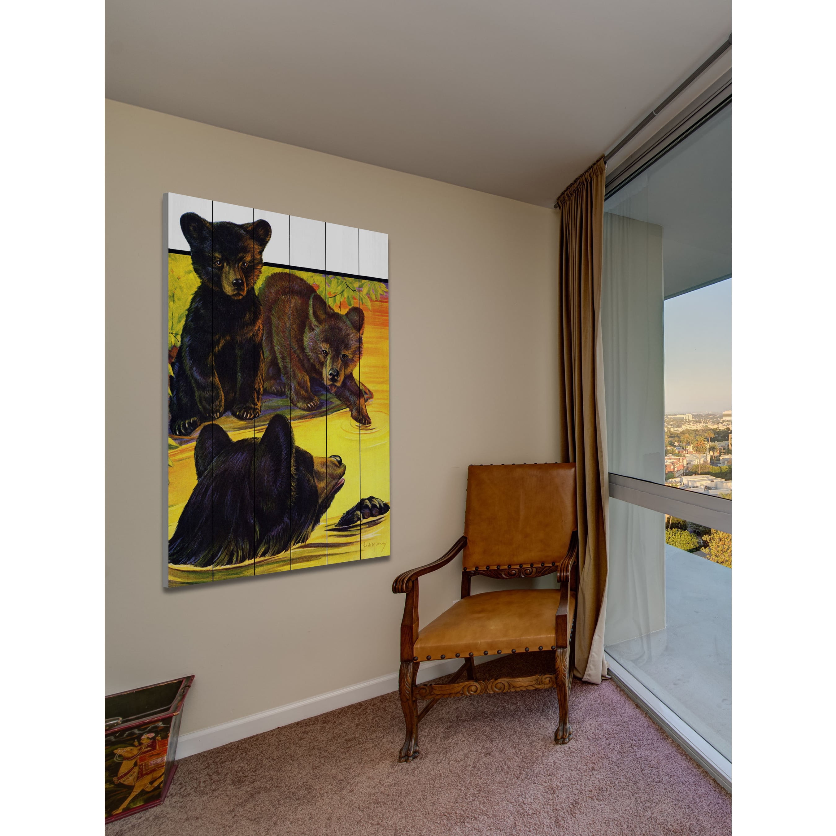 Marmont Hill "Bears In River" Painting Art Print On White Wood, 24.0" x 1.5"