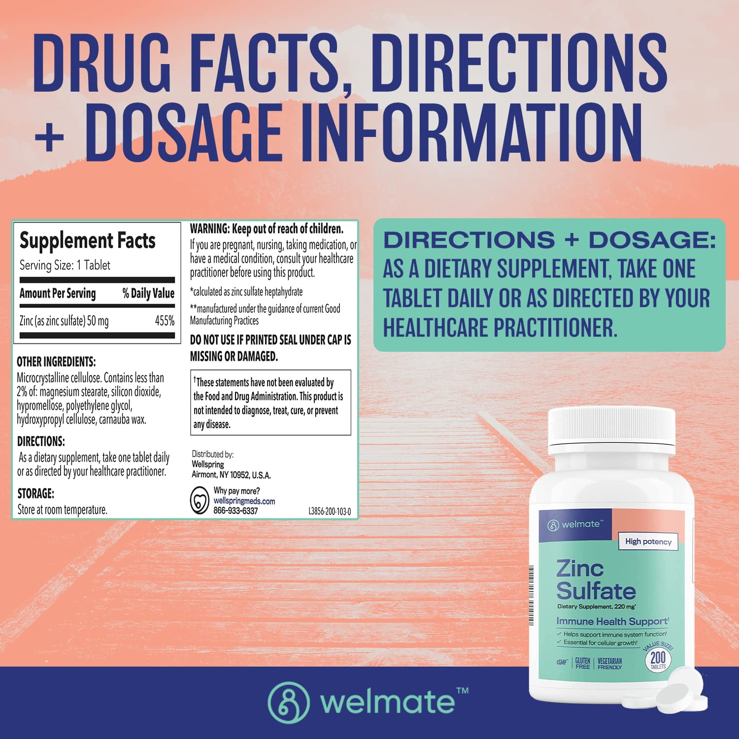 (2 pack) WELMATE Dietary Supplement, Zinc(as Zinc Sulfate) 50mg Immune Health Support - 200 Tablets