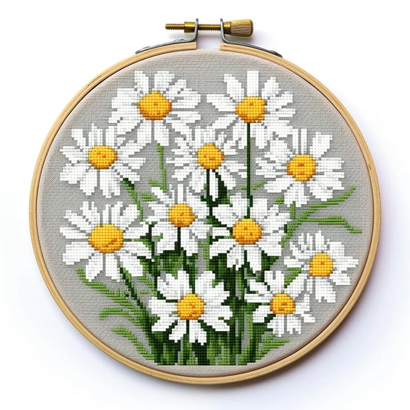 Little Daisy Flower Round Shape Stamped Cross Stitch Kits for Beginners Easy with Hoop 11CT Needlepoint Embroidery Counted Cross Stitch Kits Art Craft Wall Decoration 35x35cm(1)