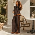 thumbnail image 5 of Szluipve Linen Sets for Women 2 Piece 2 Piece Linen Outfit Contrast Trim 3/4 Sleeve Crew Neck Top & Wide Leg Pants Set Loose Casual Beach Vacation Tracksuit Suit Brown L, 5 of 7