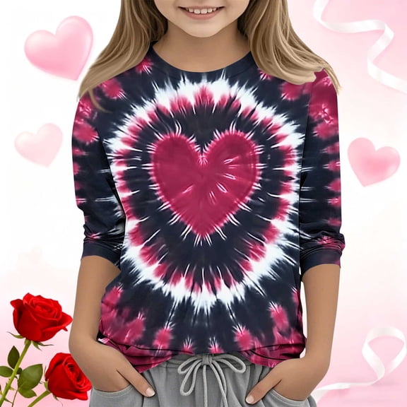 VKOYWKM Girls Valentine's Day Shirts Heart Print Tops 3/4 Sleeve Crew Neck Romantic Tees Cute Tie Dye T-Shirts