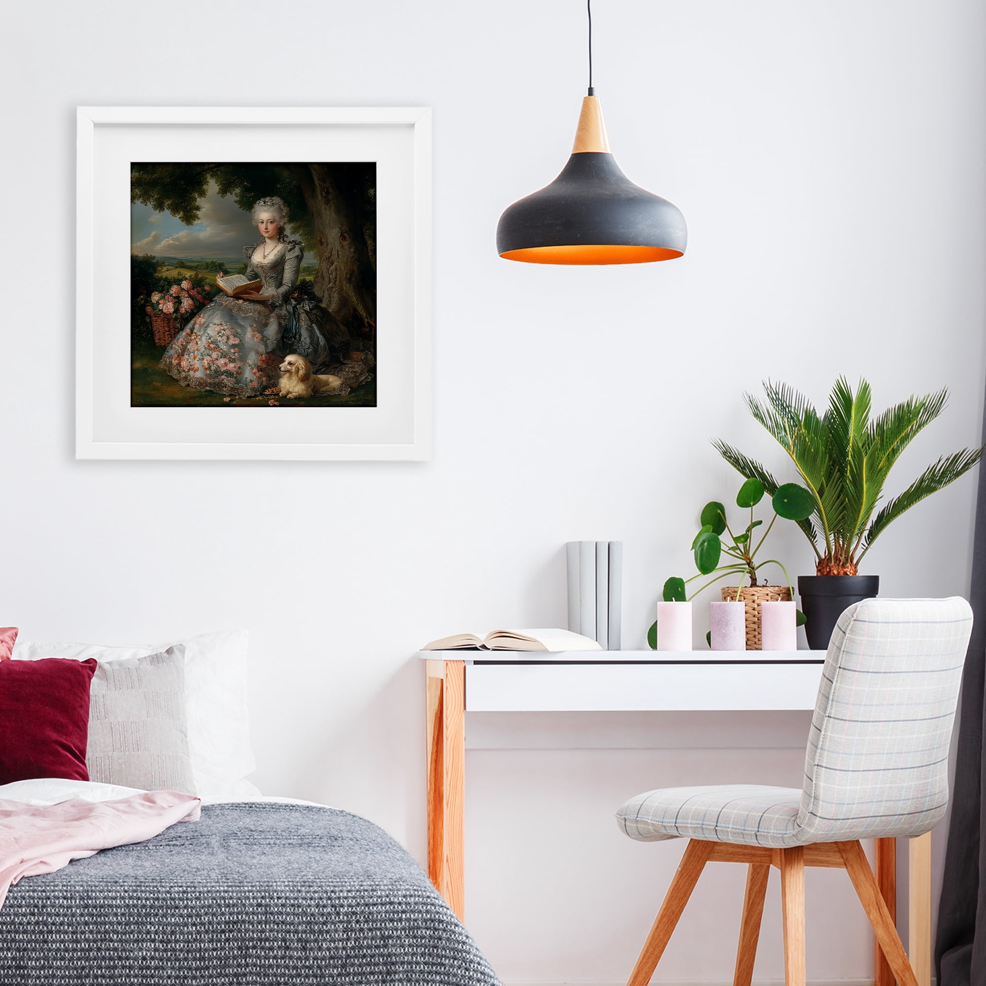 Stupell Industries Reading Rococo Lady with Dog White Framed Print Under Glass, design by The Wands Want