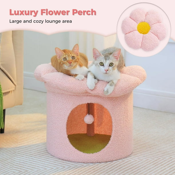 Cat Beds for Indoor Cats, Large Cat Tree House with Removable Flower Cat Bed, Cute Cat Cave Cat Hideaway, Indoor Cat House Condo, 20X20X16 Inches, Pink