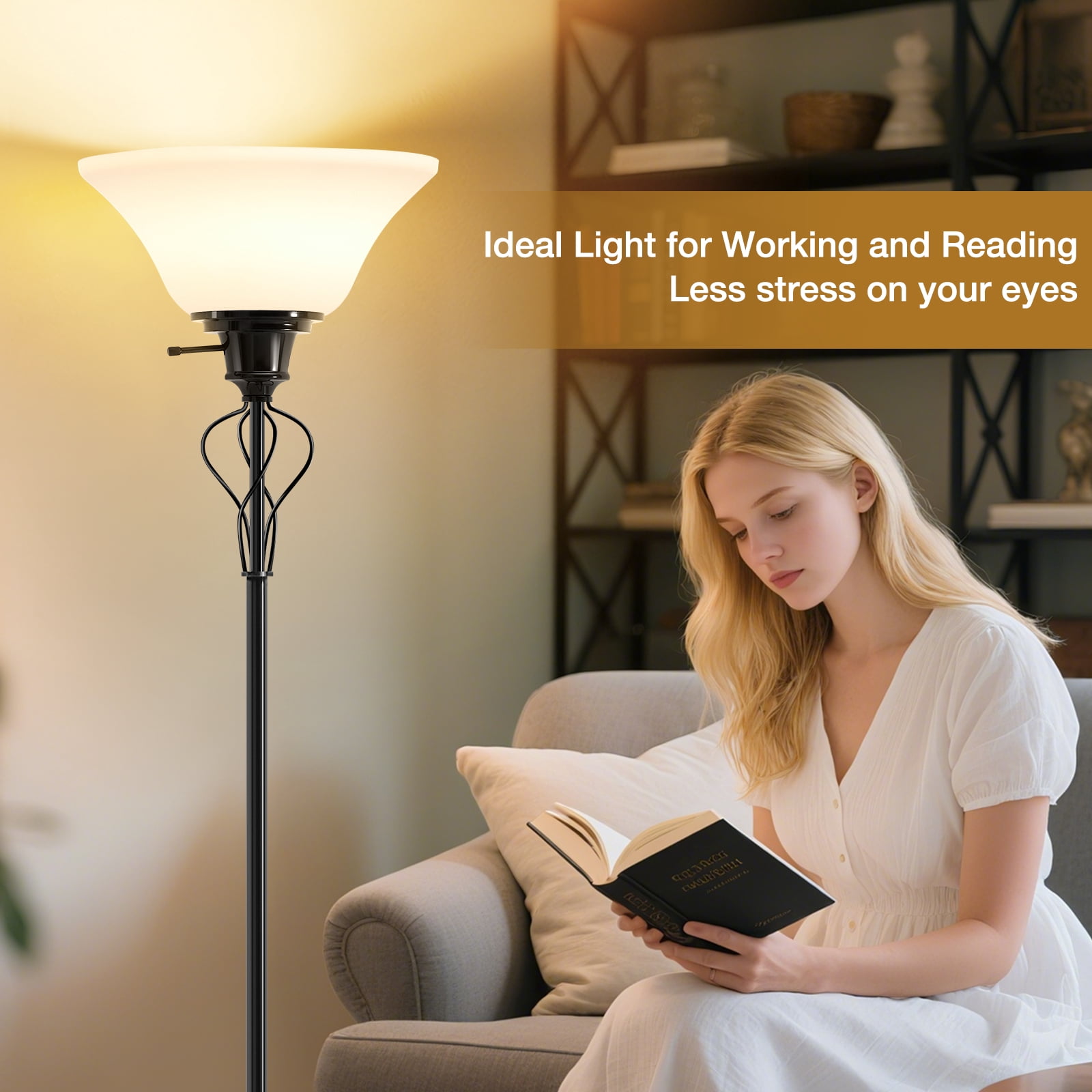 NATYSWAN Floor Lamp for Living Room,70in Black Standing Lamps with Sturdy Metal Base and White Lampshade,Modern Torchiere Tall Lamp for Bedroom Office,Rotary Switch