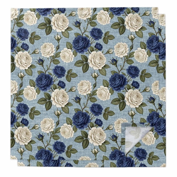 Navy Blue White Floral Cloth Napkins, Vintage Blue Leaves Botanical Washable and Reusable Dinner Napkins Set of 2, Table Napkin for Kitchen Party Birthday Wedding Hotel Housewarming 20"x20"